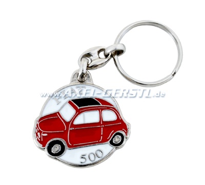 Schlüsselanhänger Fiat 500 rund (rot auf wß.), Metall
