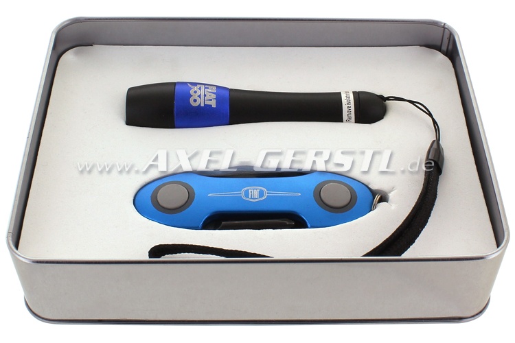 Taschenlampen-/Taschenmesser-Set (Farbe blau) in Geschenkbox - Ersatzteile  Fiat 500 Oldtimer 126 600 | Axel Gerstl