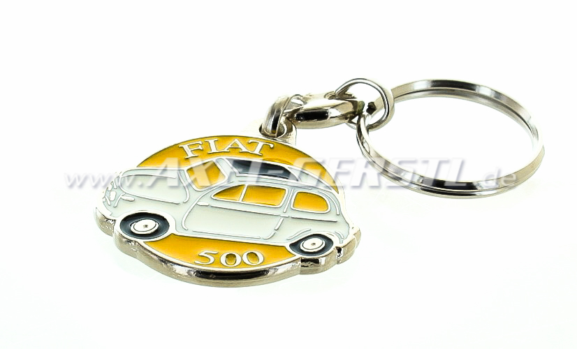 Porte-clés Fiat 500 rond (blanc sur fond jaune), métal
