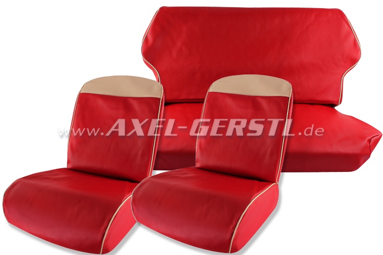 Seat covers red/white top edge, artificial leather, fr. & ba Fiat 500 F