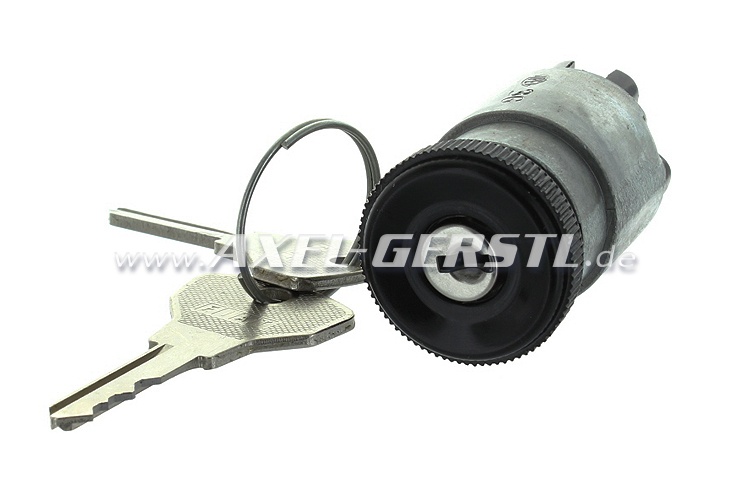 Ignition lock, without steering wheel lock, black, with contact plate & 2 keys, flat connection Fiat 500 F/L (500 N/D/R)