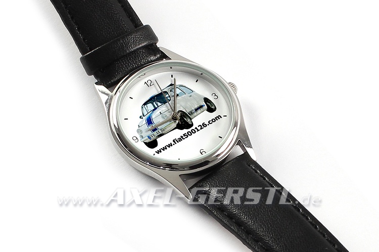 Horloge Fiat 500 bleu-blanc avec bracelet en cuir
