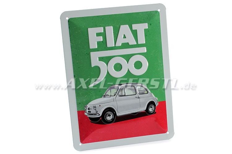 Vintage-Blechschild, mehrfarbige Prägung mit weißem Fiat 500