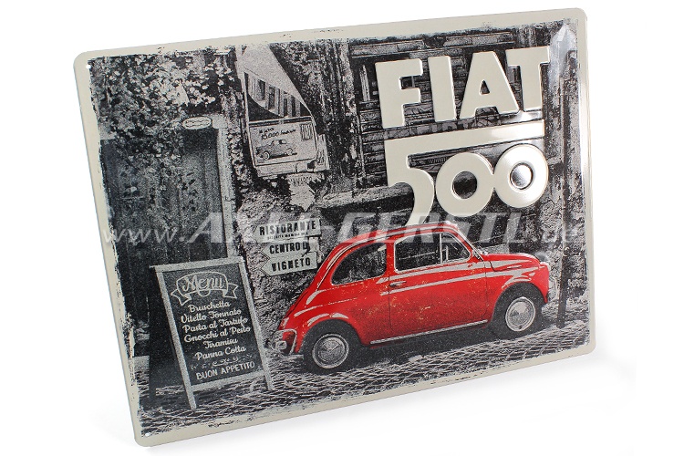 Vintage-Blechschild, schwarz-weiß-Prägung mit rotem Fiat 500