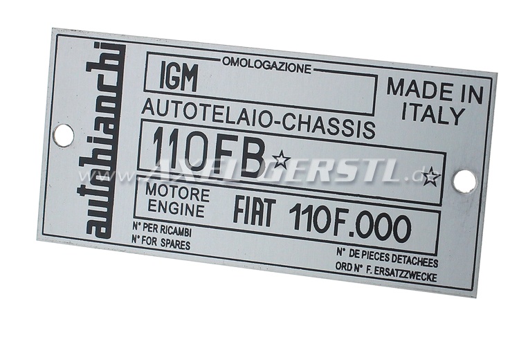 Typeplaatje Autobianchi 110 FB (Mot. 110F.000), aluminium