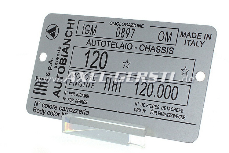 Typeplaatje Autobianchi 120 (Mot. 120.000), aluminium